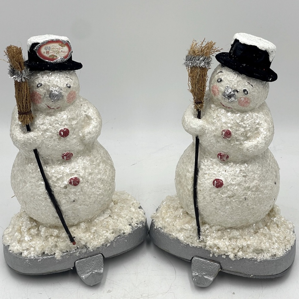 Christmas Mantel Stocking Holders: Glittery Snowman w/ Top Hat & Broom Lot of 2